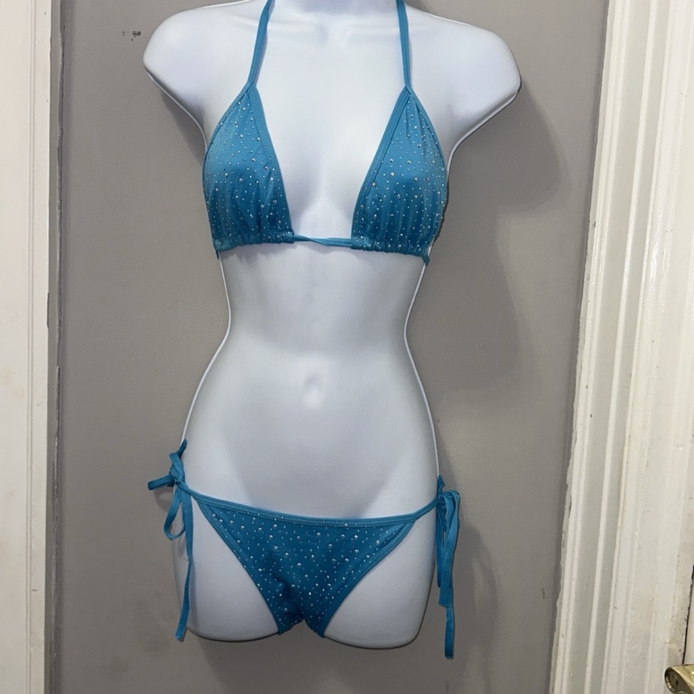 Baby blue rhinestone, triangle, top, tie, bottom, bikini, size small